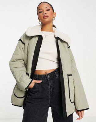 Vero Moda borg collar padded coat with contrast piping in pale khaki - ASOS Price Checker