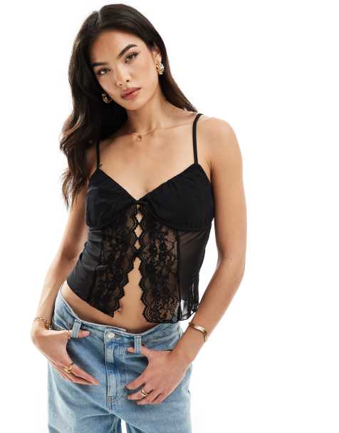 Vero Moda - Caraco en tulle et dentelle avec liens devant - Noir - view 1