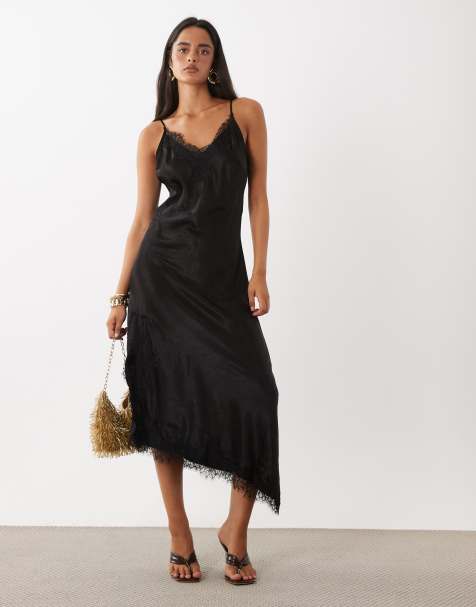 Vero Moda caraco robe midi asymétrique avec détail en dentelle noir - view 1