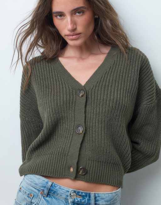 Vero Moda cardigan a costine spesse con bottoni in verde scuro, 3 di 4