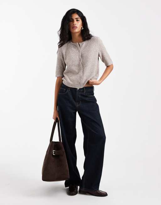 Vero Moda - Cardigan a maniche corte color roccia lunare in maglia con scollo rotondo, 2 di 4