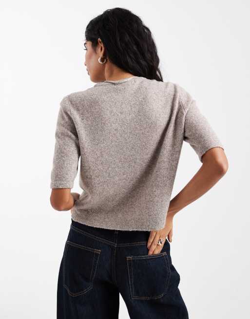 Vero Moda - Cardigan a maniche corte color roccia lunare in maglia con scollo rotondo, 3 di 4