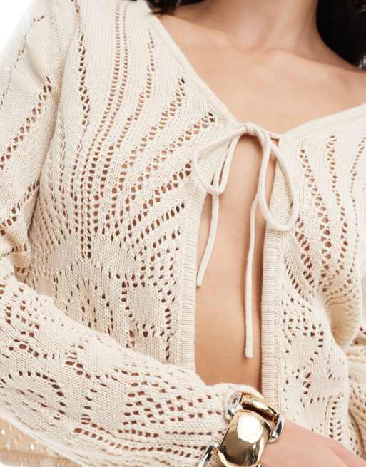 Vero Moda - Cardigan allacciato sul davanti all'uncinetto color crema, 3 di 4