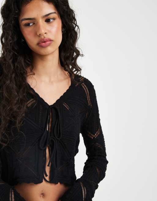 Vero Moda - Cardigan all'uncinetto allacciato sul davanti nero con motivo, 3 di 4