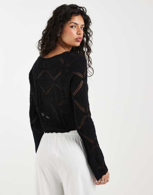 Vero Moda - Cardigan all'uncinetto allacciato sul davanti nero con motivo, 4 di 4