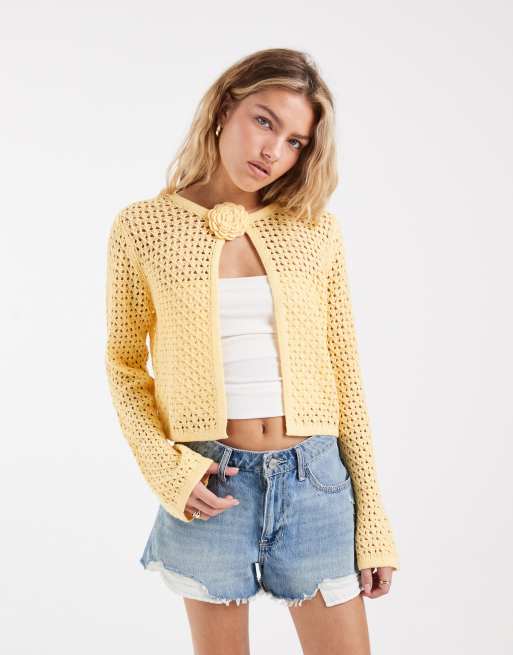 Vero Moda - Cárdigan amarillo dorado con detalle floral de croché, 3 de 4