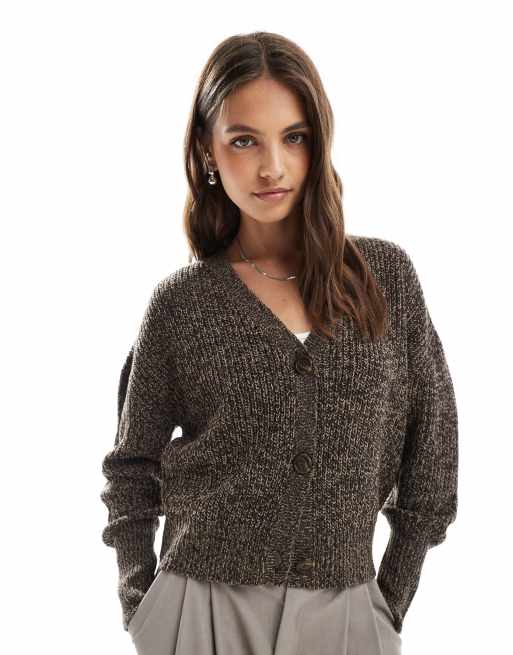 Vero Moda - Cardigan color cioccolato mélange a coste spesse con bottoni