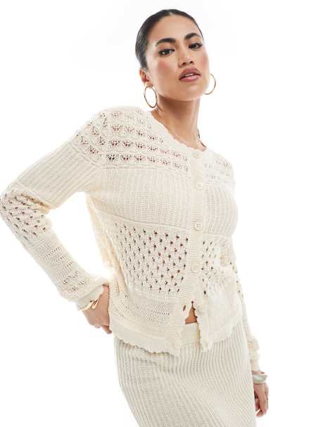 Vero Moda - Cardigan color crema all'uncinetto con motivo patchwork in coordinato - view 1