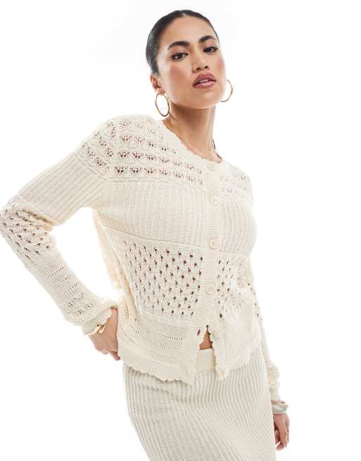 Vero Moda - Cardigan color crema all'uncinetto con motivo patchwork in coordinato