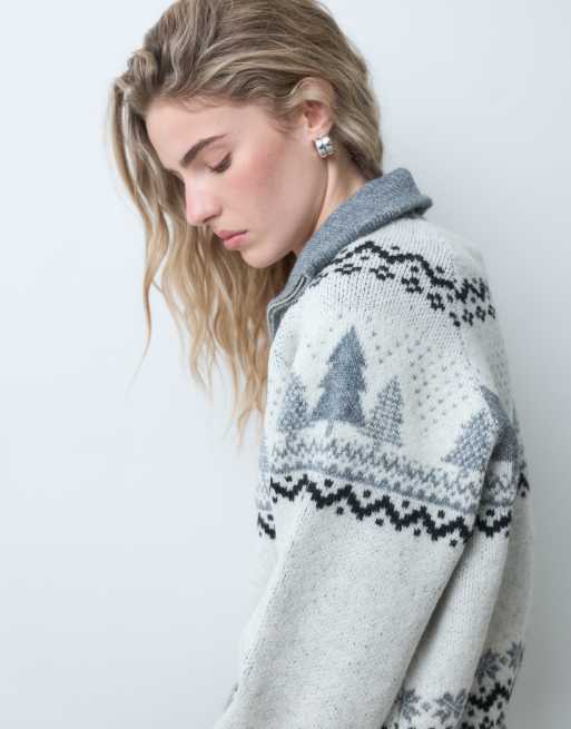Vero Moda cardigan con zip, collo a imbuto e motivo Fair Isle natalizio, crema, 4 di 5
