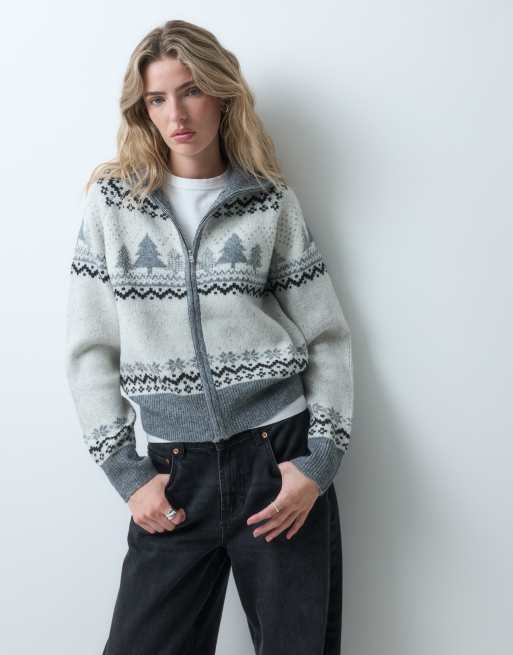 Vero Moda cardigan con zip, collo a imbuto e motivo Fair Isle natalizio, crema, 5 di 5