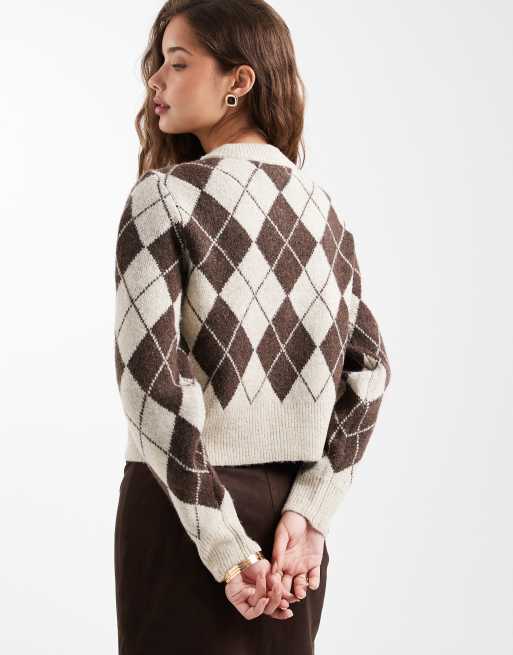 Vero Moda - Cardigan corto in maglia a rombi color cioccolato, 2 di 4