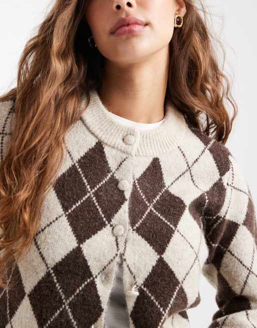 Vero Moda - Cardigan corto in maglia a rombi color cioccolato, 4 di 4