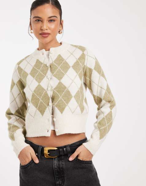 Vero Moda - Cardigan corto in maglia a rombi kaki - view 1