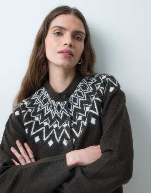 Vero Moda cárdigan de punto con grecas alpinas en marrón chocolate jaspeado, 2 de 5