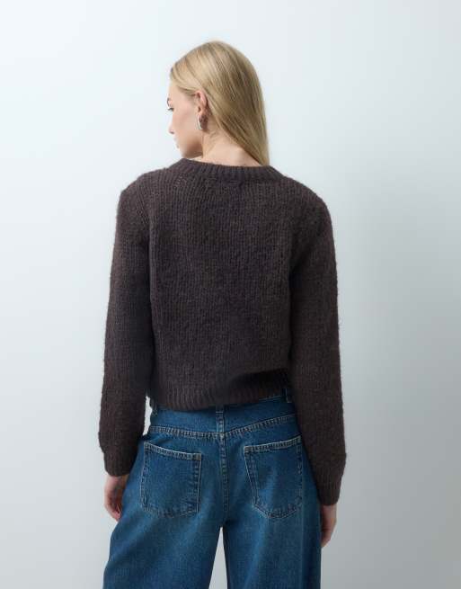 Vero Moda - cárdigan de punto grueso con botones de strass en marrón chocolate, 3 de 4