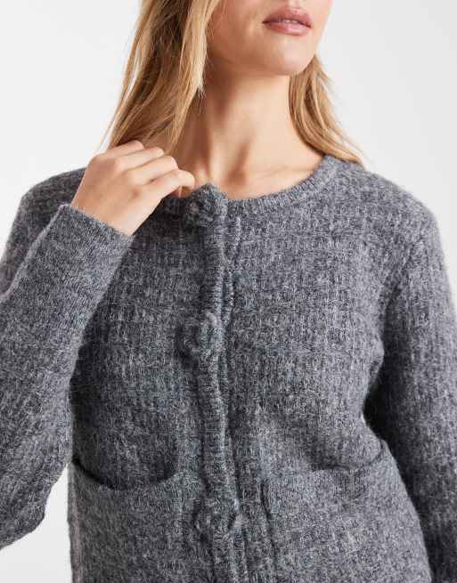 Vero Moda - Cardigan grigio in maglia con bottoni applicati a forma di rosa, 3 di 4
