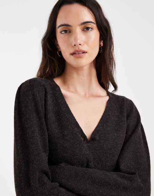 Vero Moda cardigan i strik med v-hals i chokoladebrun meleret, 3 af 4