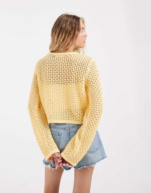Vero Moda - Cardigan in maglia all'uncinetto giallo oro con fiore, 4 di 4