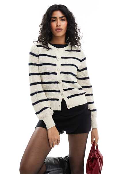 Vero Moda - Cardigan in maglia di cotone color panna a righe - view 1