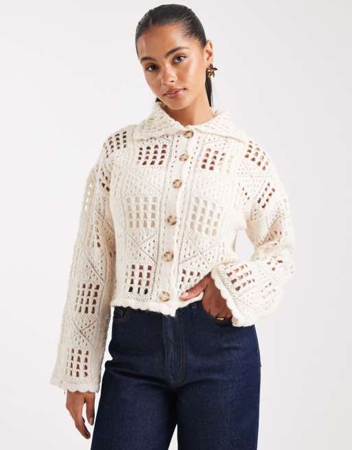 Vero Moda - Cardigan in maglia lavorata all'uncinetto color betulla crema