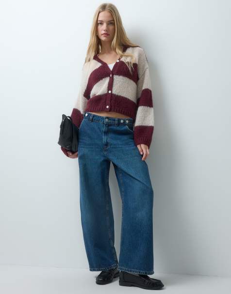 Vero Moda cardigan lavorato a maglia grossa con scollo a V a righe bordeaux e crema - view 1