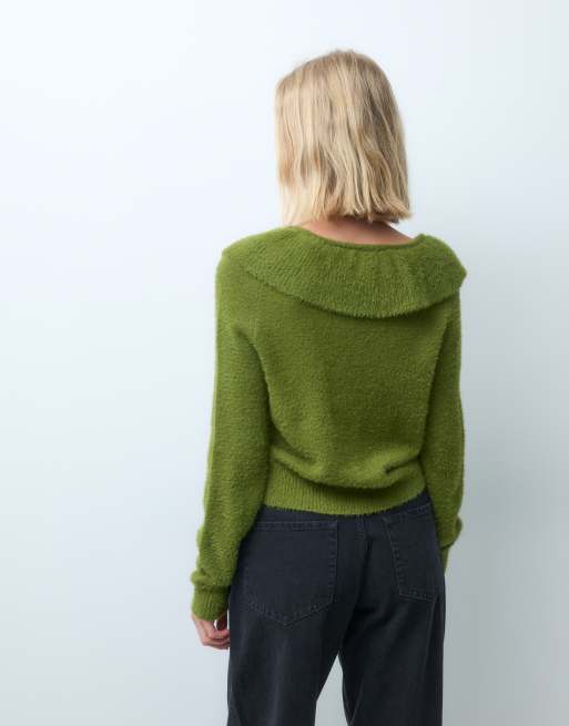 Vero Moda cardigan lavorato a maglia morbido e soffice con volant, verde muschio, 4 di 4