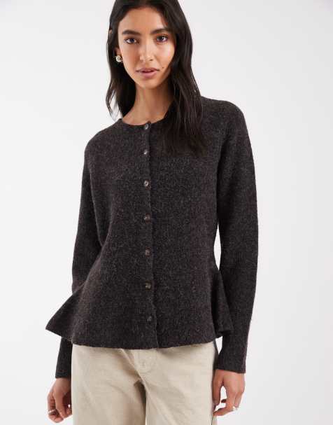 Vero Moda cardigan med rund hals, peplum og jacquard i chokoladebrun - view 1