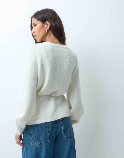 Vero Moda cardigan van fluffy breisel met strikceintuur in crème, 2 van 4