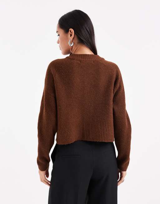 Vero Moda cardigan with ribbed trim in warm chocolate, 2 of 4