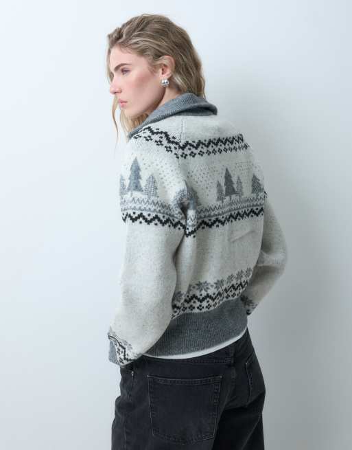 Vero Moda cardigan zippé à col cheminée, motif sapin de Noël, crème, 3 de 5