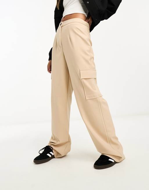 Cream Wide Leg High Waisted Cargo Pants, Pants