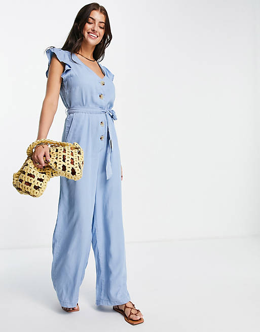 Vero Moda chambray jumpsuit with frill sleeve in blue