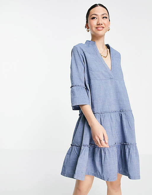 Vero Moda cotton blend chambray smock mini dress in blue - MBLUE