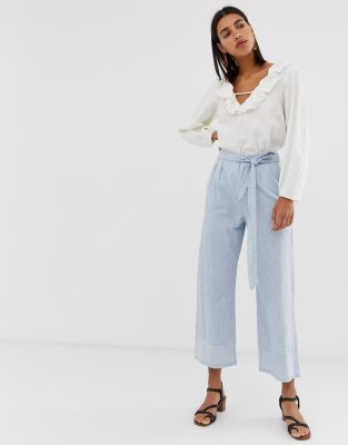 Vero Moda chambray striped tie waist wide leg trousers-Blue