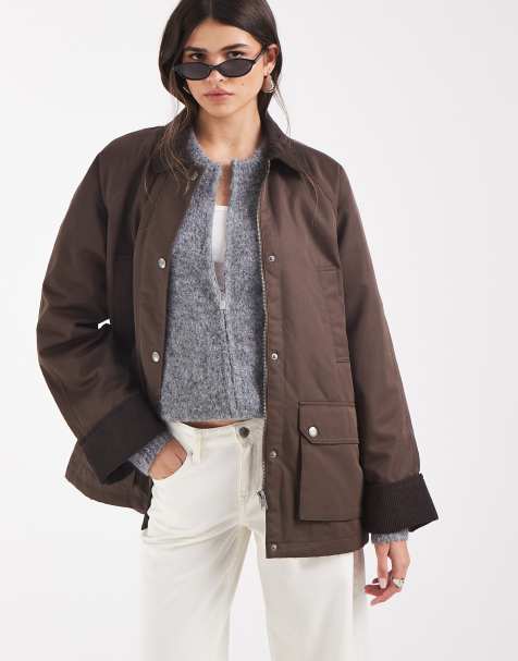 Vero Moda - chaqueta barn con ribete de pana en contraste en marrón chocolate - view 1