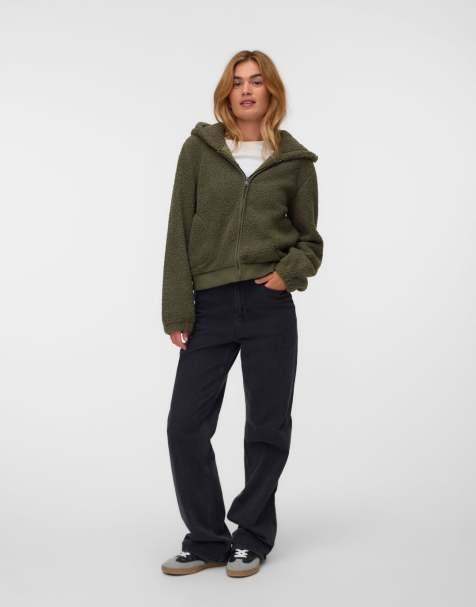 Vero Moda chaqueta de borreguito Flash con cremallera y capucha en verde - view 1