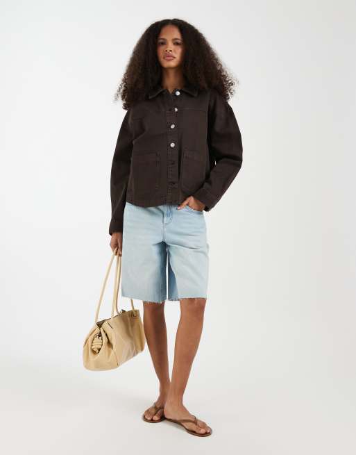 Vero Moda - Chaqueta vaquera marrón chocolate estilo camisa con bolsillos delanteros, 2 de 4