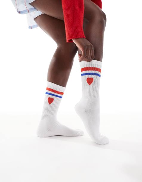 Vero Moda - Chaussettes de sport côtelées à bandes et motif cœur - Blanc - view 1