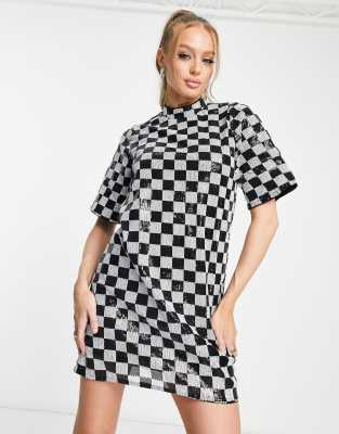 Vero Moda checkerboard sequin mini dress in mono