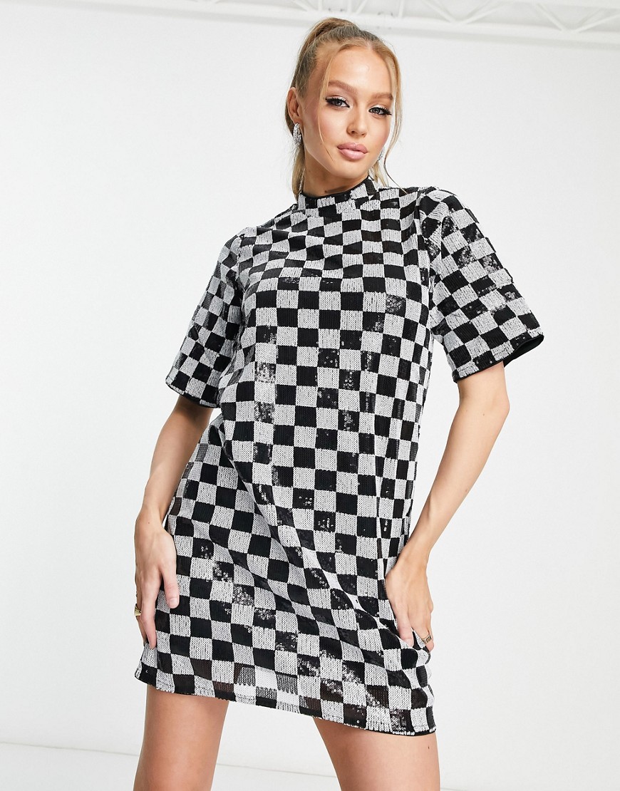 Vero Moda checkerboard sequin mini dress in mono-Multi
