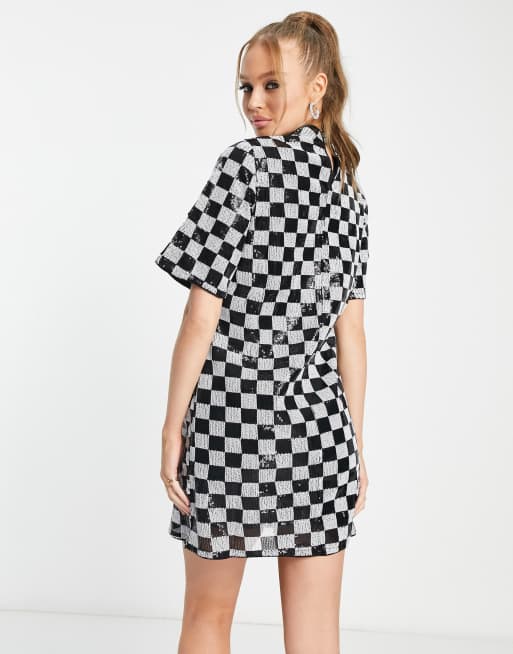 Vero Moda checkerboard sequin mini dress in mono | ASOS