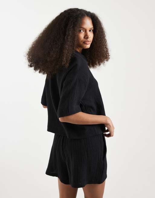 Vero Moda cheesecloth textured boxy shirt in black (part of a set), 4 of 4