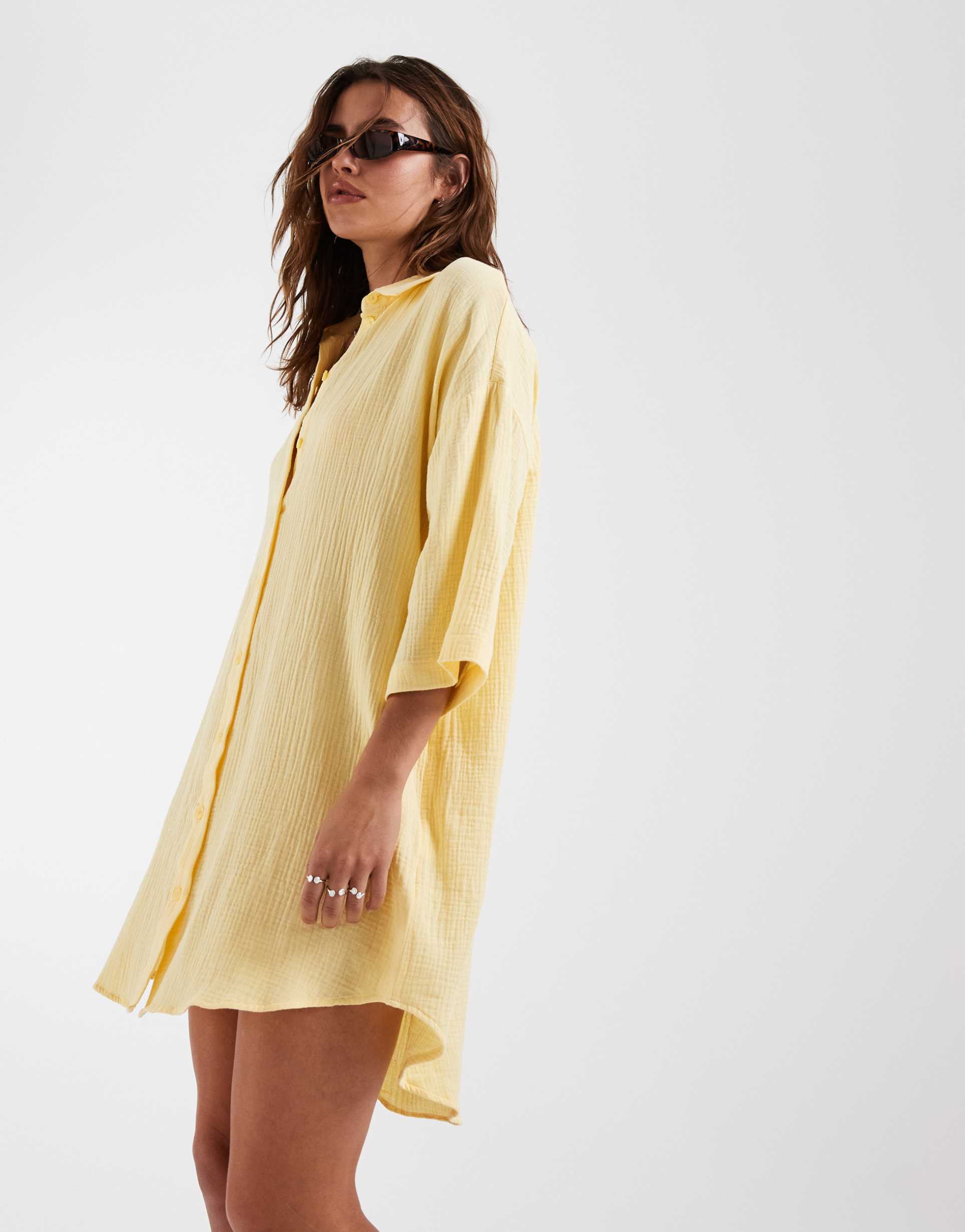 vero moda cheesecloth textured oversized shirt dress in banana yellow