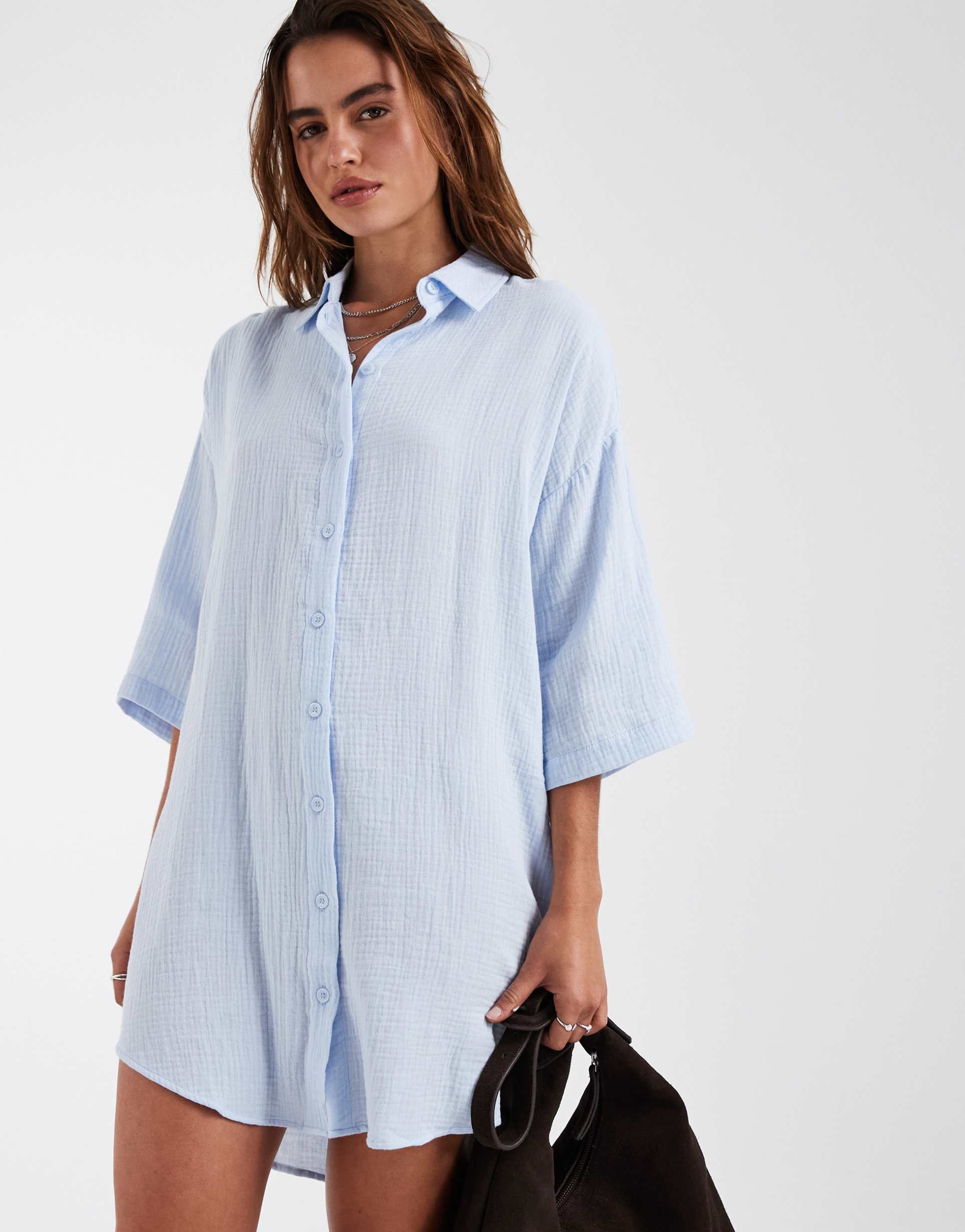 vero moda cheesecloth textured oversized shirt dress in light blue