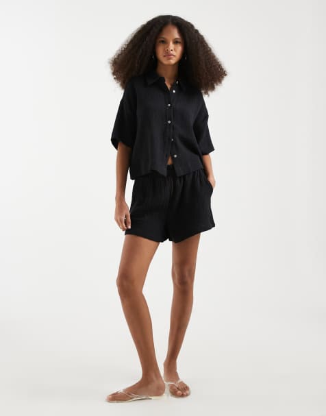 Vero Moda cheesecloth textured shorts co-ord in black - view 1