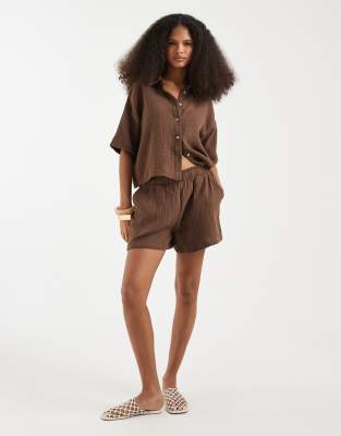 Vero Moda Cheesecloth Textured Shorts Co-ord In Brown