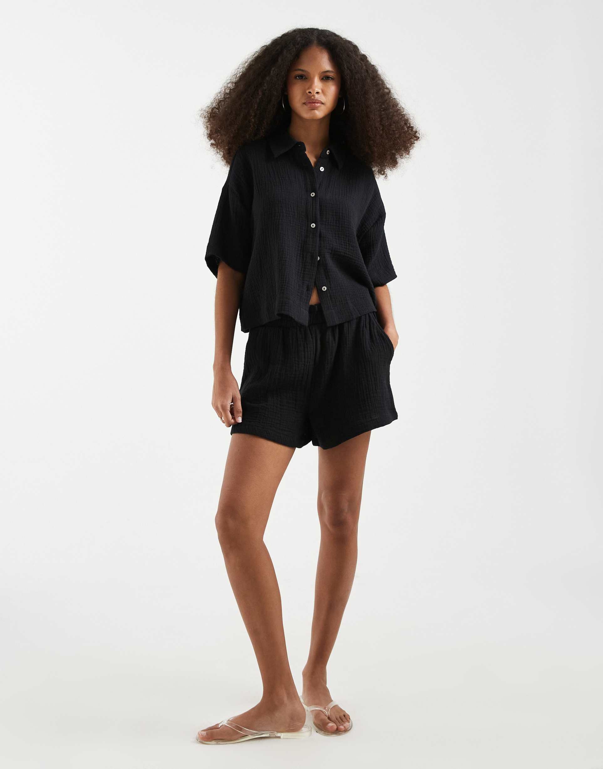 vero moda cheesecloth textured shorts in black - part of a set