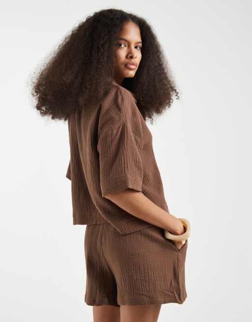 Vero Moda cheesecloth textured shorts in chocolate (part of a set), 5 of 5