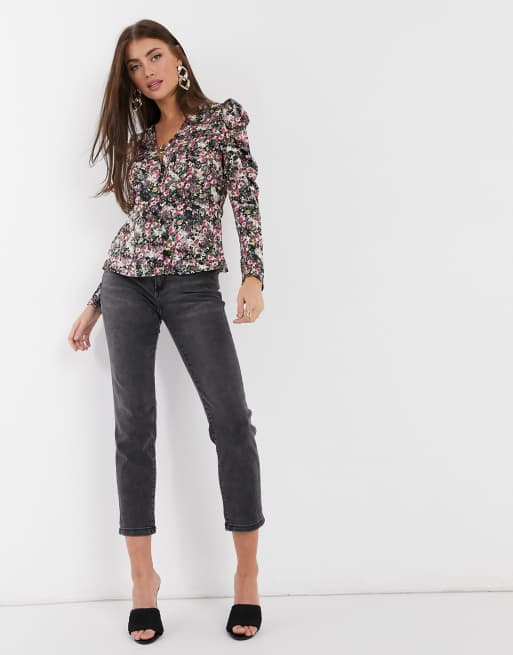 Chemisier New Look Femme à Fleurs - Noir Et Multicolore, Taille 10, Manches Longues, Neuf Sans étiquette
